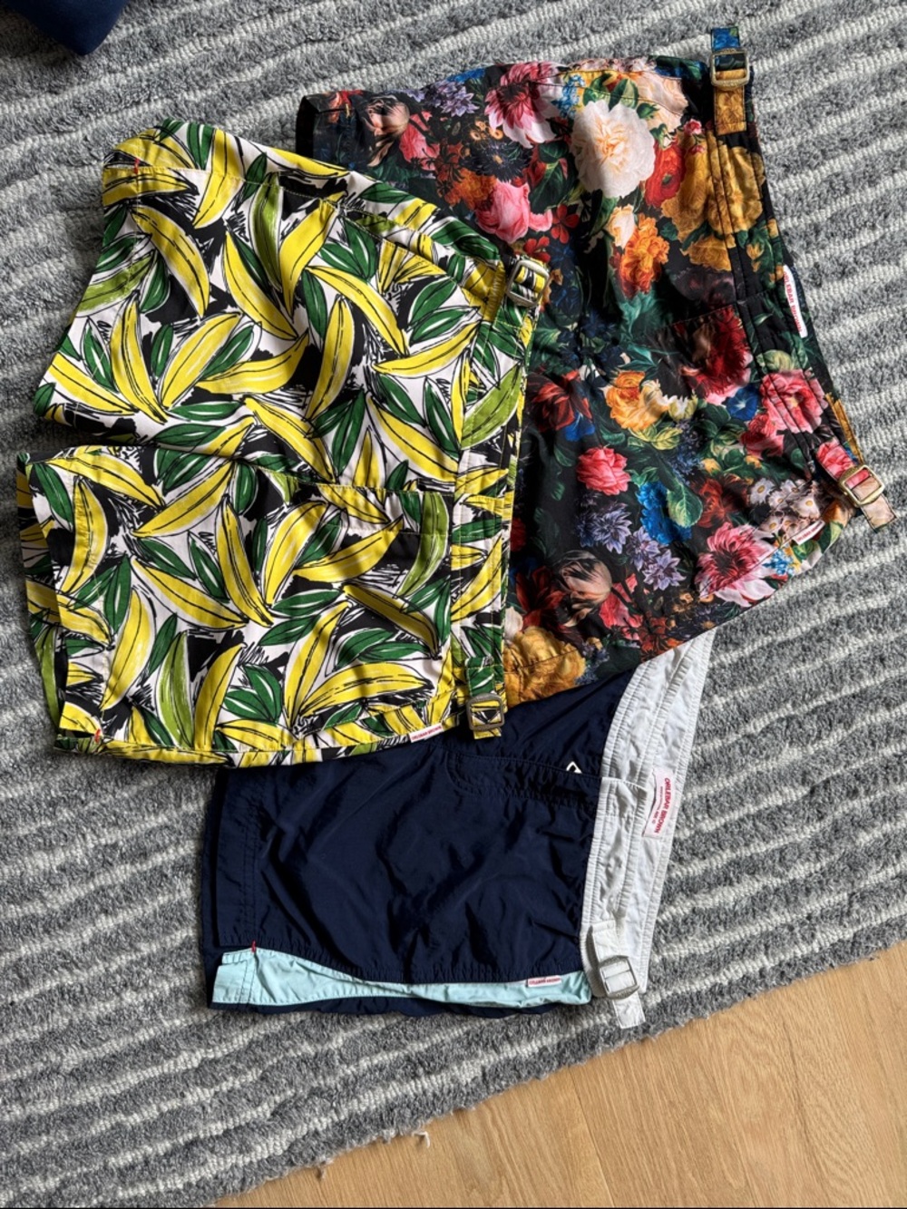 Orlebar Brown floral and banana leaf Swim Shorts. Three pairs